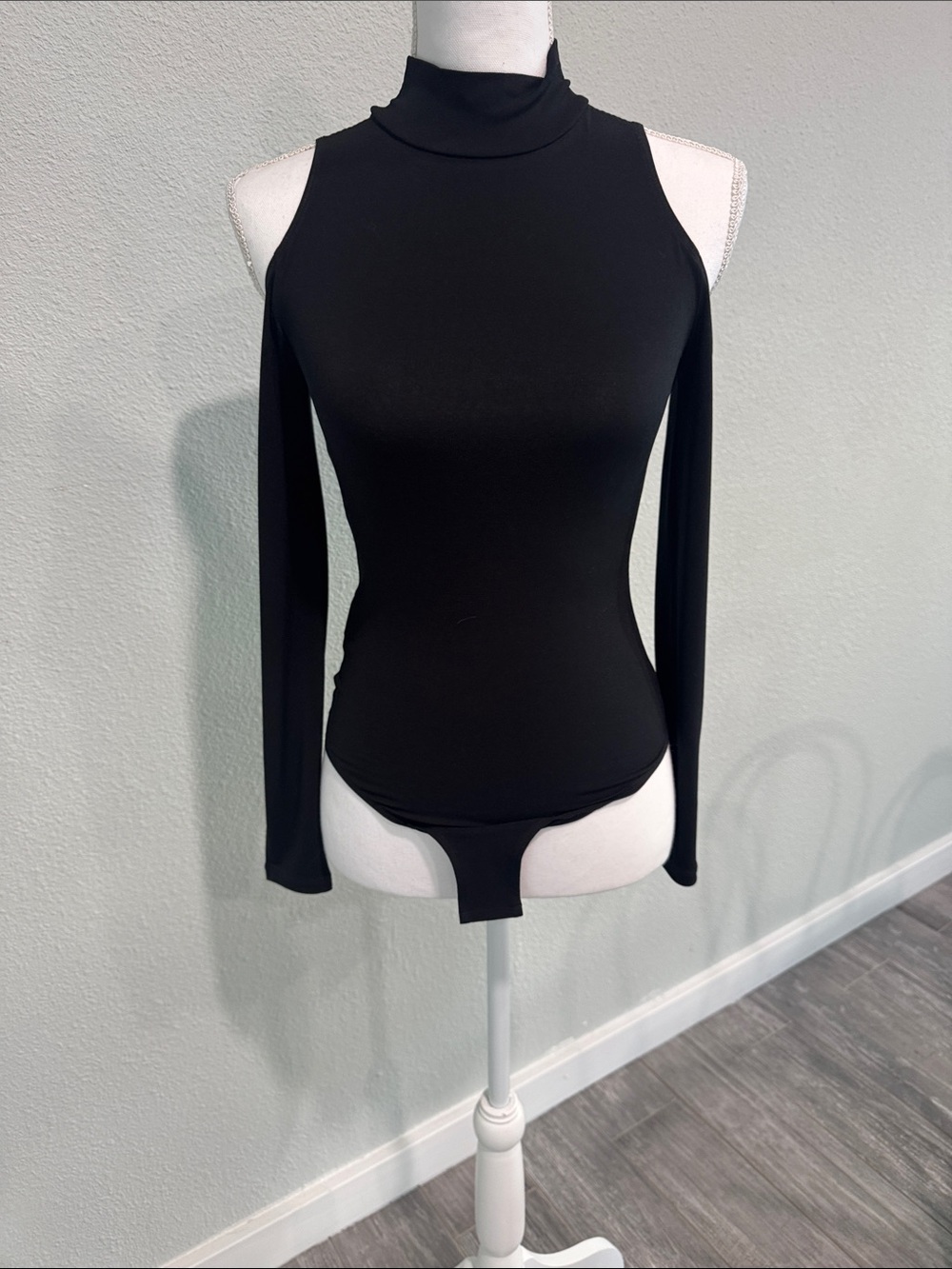 BCBGeneration Black Cold-Shoulder Turtleneck Bodysuit